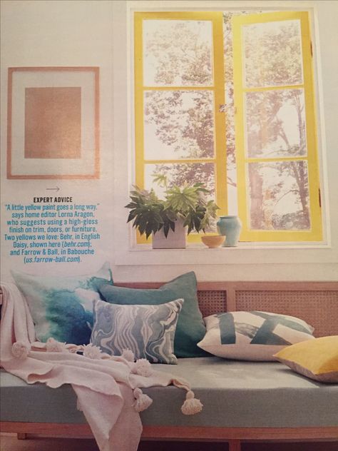 Yellow window frames. Pretty accent Trim For Windows, Window Frame Colours, Painted Window Frames, Yellow Window, Tiny House Storage, Bow Window, Yellow Trim, Martha Stewart Living, Window Trim