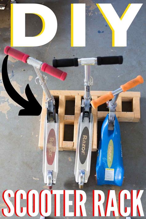 how to build an easy DIY scooter rack to organize the kids ride-on toys and razor scooters! #DIY #scooterstand #scooterrack #garageorganizingideas #howtobuildabikeandscooterstand #scooterstorage #rideontoystorage #scooterstorage Razor Scooter Storage, Scooter Decorations, Scooter Rack, Scooter Stand, Garage Storage Plans, Organizing Inspiration, How To Build Abs, Scooter Storage, Razor Scooter