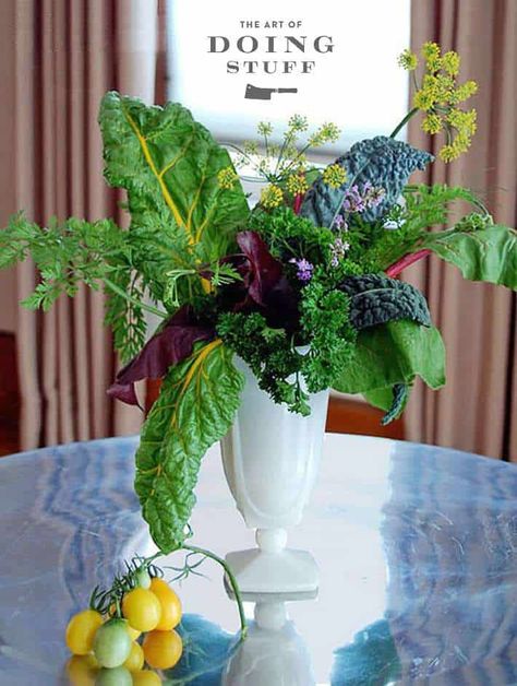 Vegetable Flower Arrangement with chard, beet greens and more.The Art of Doing Stuff Veggie Display, Vegetable Bouquet, Summer Centerpieces, Beet Greens, Fruit Arrangements, Edible Arrangements, Arrangement Ideas, Thanksgiving Centerpieces, Fruit Garden