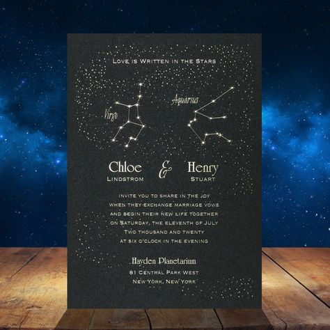 Are you looking for a unique and original wedding invitation, but you also happen to love astrology? Then we have the perfect invitation for you!  You will absolutely love our Astrological Pair Invitation. Your astrology signs will shine in foil against a shimmering background. This invitation i Tarot Inspired Wedding Invitations, Wedding Invitations Tarot, Astrology Wedding Invitation, Constellation Invitation, Celestial Wedding Invitations Design, Original Wedding Invitations, Love Astrology, Marriage Vows, Gothic Wedding