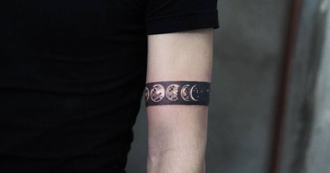 Tattoo Moon Phases, Wrist Band Tattoo, Left Arm Tattoos, Tattoo Band, Moon Phases Tattoo, Tattoo Moon, Armband Tattoos, Planet Tattoos, Omerta Tattoo