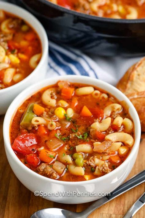 Also called “Cowboy Soup,” this... - The Stay At Home Chef | Facebook Stew Beef Recipes, Macaroni Soup Recipes, Pasta Fagioli Soup Recipe, Beef Macaroni, Pasta Fagioli Soup, Macaroni Soup, Stew Beef, Mixed Veggies, Easy Macaroni