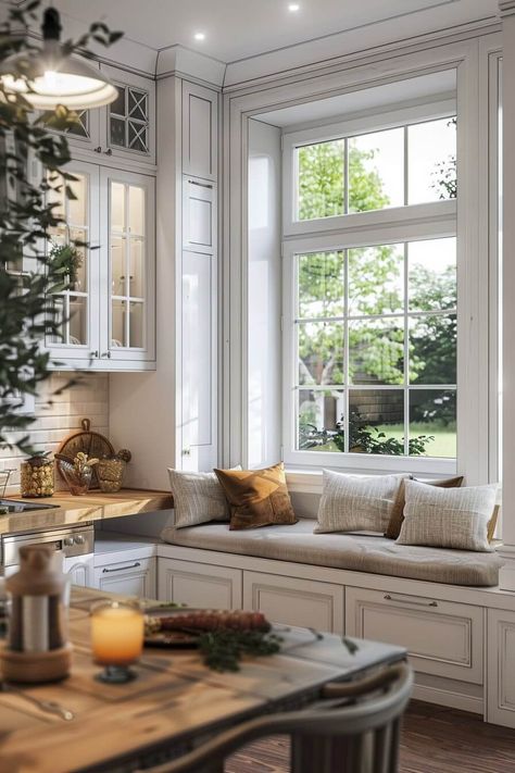 Bench Under Kitchen Window, Window Seat Ideas Kitchen, Cottage Window Seat, Window Seat Kitchen Breakfast Nooks, Window Bay Seating, Cozy Kitchen Seating, Bay Window Kitchen Table, Kitchen Bay Window Seating, Window Seat In Kitchen