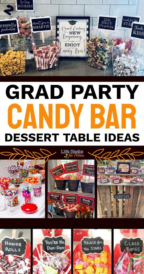 Grad Party Candy Bar, Grad Party Candy, Graduation Candy Buffet, Graduation Party Desserts, Graduation Crafts, Candy Bar Party, 8th Grade Graduation, Graduation Party Planning, Candy Desserts