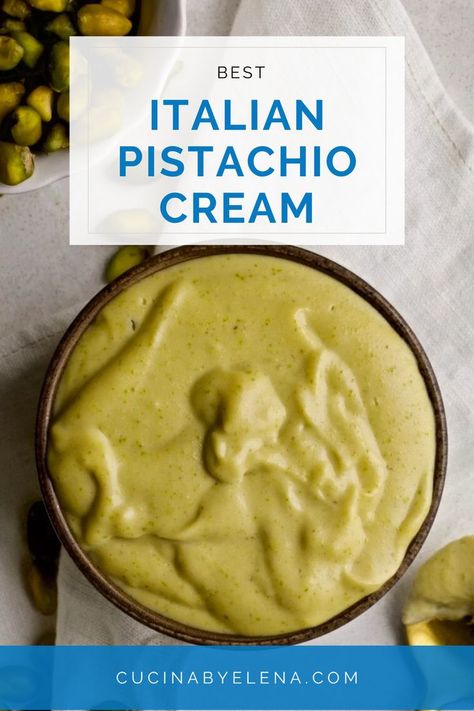 Pistachio cream on a small bowl. Italian Pistachio Dessert, Pistachio Pastry Cream Recipe, Pistachio Creme Patisserie, What To Do With Pistachio Cream, Pistachio Cremeux Recipe, Diy Pistachio Cream, Pistachio Sauce Desserts, Pistachio Creme Recipes, Pistachio Praline Recipe