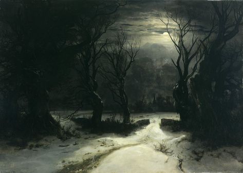 Master Study, Sunset Paintings, John Kenn, Dark Gothic Art, Landscapes Paintings, Paint Themes, Moonlight Painting, Albert Bierstadt, Moonlight Sonata