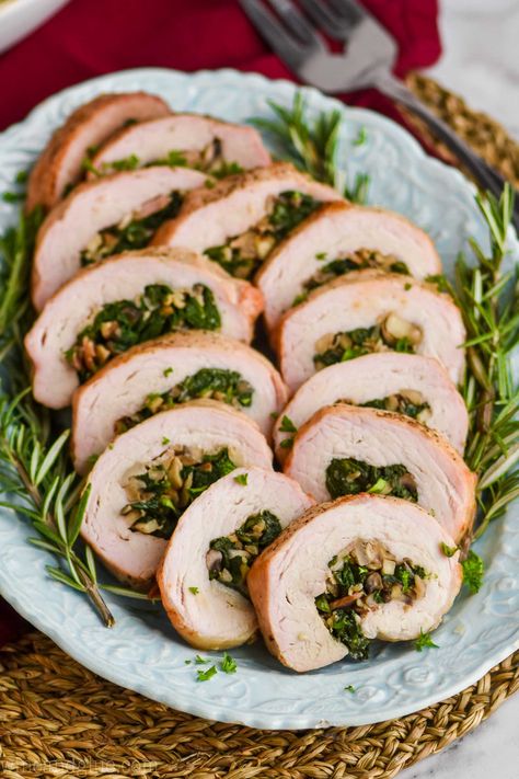 Stuffed Pork Loin is the perfect easy holiday meal. Though it has a few simple ingredients and is simple to make, it is a show stopper! Stuffed Turkey Roll, Pork Loin Chops Recipes, Turkey Roll, Stuffed Pork Loin, Mediterranean Recipe, Stuffed Turkey, Stuffed Pork, Bacon Stuffed Mushrooms, Pork Loin Recipes