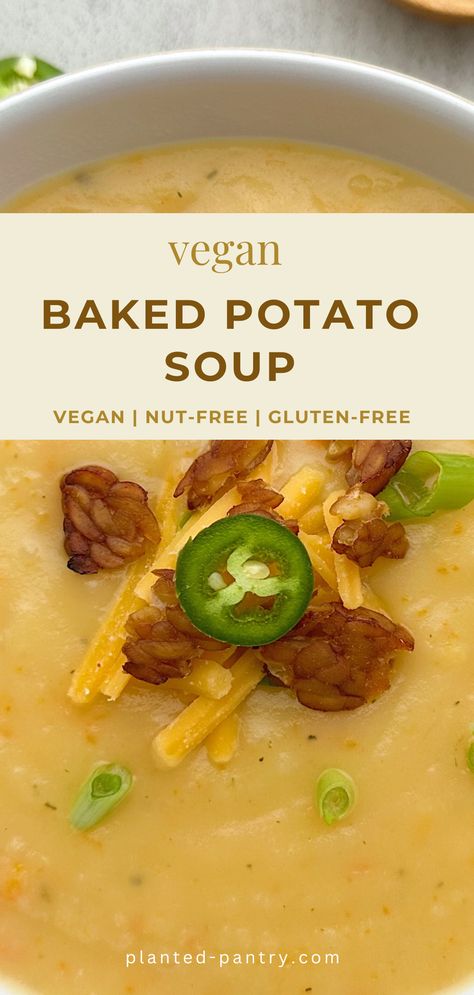 Enjoy this vegan twist on a classic. All of the flavors of loaded baked potato soup without the dairy. This soup is sure to satisfy. Dairy Free Potato Soup, Vegan Baked Potato, Chicken Potato Soup, Vegan Potato Soup, Easy Vegan Soup, Baked Potato Soup Recipe, Vegan Pot Pies, Vegan Crockpot, Cream Of Potato Soup