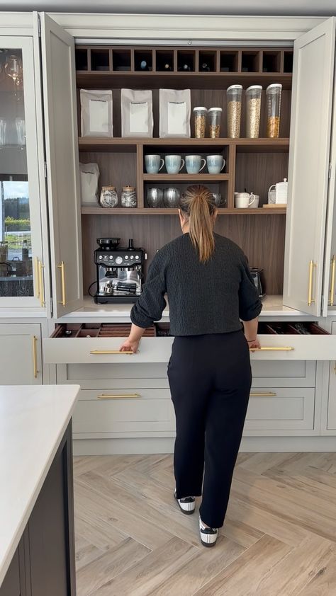 Trevor McDonnell Kitchens | The bifold station at the “ North Galway project “ . . . This was such a stunning feature in this custom build inframe kitchen. The walnut… | Instagram Merilatt Kitchen Cabinets, Kitchen With Tiled Floor, Neutral Colour Kitchen, Polytec Florentine Walnut Kitchen, Emma Sims Hilditch Kitchen, Induction Hob On Island Kitchen, Custom Built Kitchen Cabinets, Kitchen Island Induction Hob, Inframe Kitchen