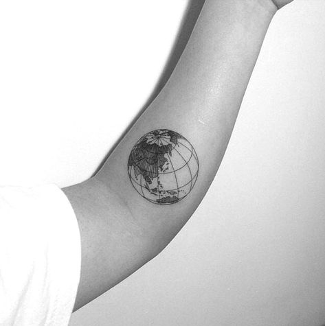 Earth Globe Tattoo, World Globe Tattoos, Arm Tattoo Men, Globe Tattoo, Globe Tattoos, Spiral Tattoos, Earth Tattoo, Glyph Tattoo, Small Shoulder Tattoos