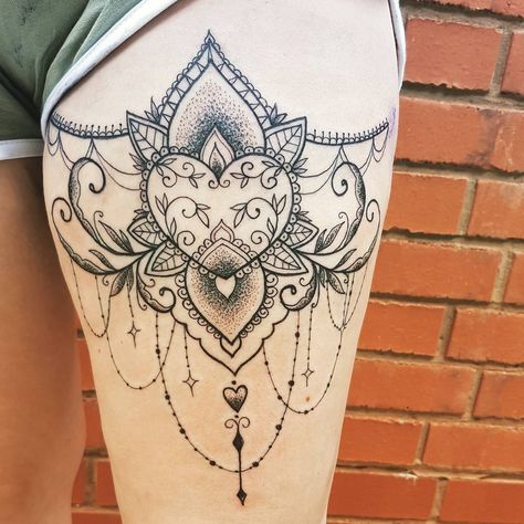 thigh piece garter from today #tattoo #tattooed #tattooist #tattoos #mandalatattoo #Mandala #dotwork #dotworktattoo #pattern #garter… Thigh Garter Tattoo Mandala, Garter Belt Tattoo, Braclet Tattoo, Thigh Garter Tattoo, Chandelier Tattoo, Mandela Tattoo, Garter Tattoo, Thigh Piece, Ancient Tattoo