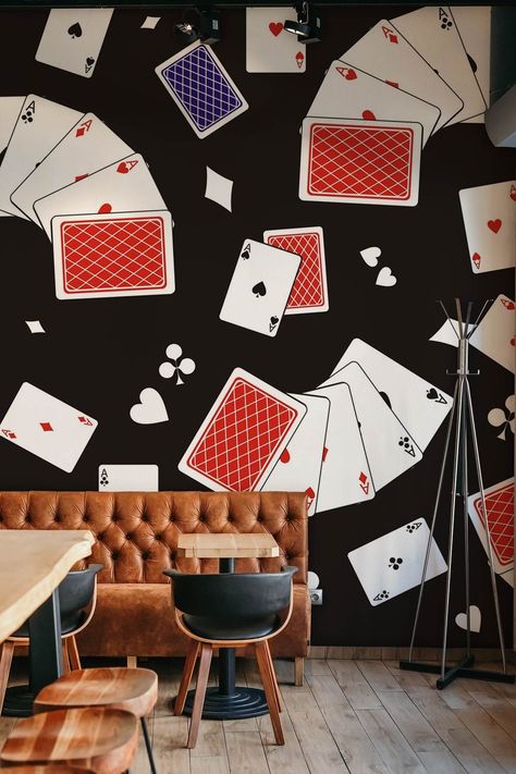 Poker wallpaper mural - peel and stick removable wallpaper for living room, bedroom, office, kids.#CasinoFun #WinningAtTheCasino #CasinoVibes #CasinoLife #CasinoGoals Card Game Room, Casino Jackpot, Pop Art Collage, Poker Party, Dark Design, Poker Room, Game Room Family, Sofa Bed Design, Casino Slot Games