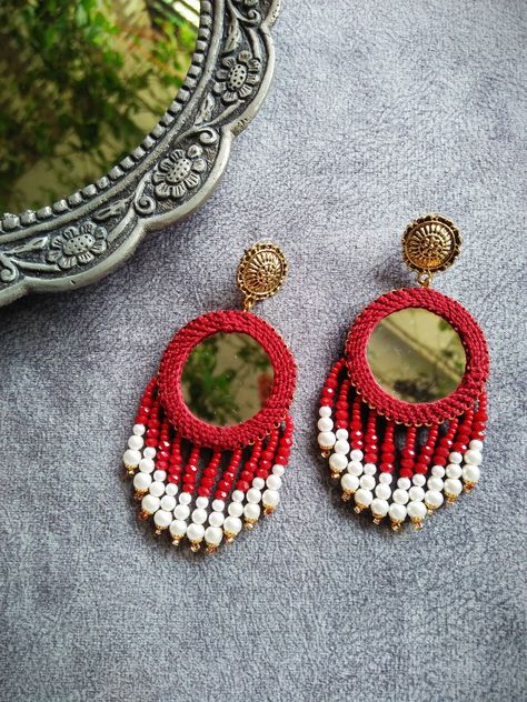 Mirror work earrings Mirror Work Earrings, Garba Jewellery, Exam Tension, Moti Set, Rakhi 2023, Fabric Earring, Mirror Jewellery, Mirror Earrings, Mirror Necklace