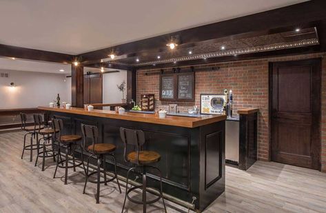 Basement Wine Cellar Ideas, Black Home Bar, Brick Basement, Reclaimed Brick Wall, Basement Wine Cellar, Tin Wainscoting, Industrial Home Bar, Wood Bar Top, Home Wet Bar