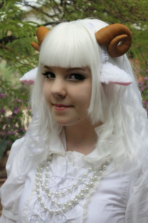 Here's my finished sheep ears and horns Sheep Costume Women, Lamb Cosplay, Sheep Outfit, Sheep Costume, Lamb Costume, Sheep Costumes, Horns Costume, Sheep Ears, Cosplay Horns