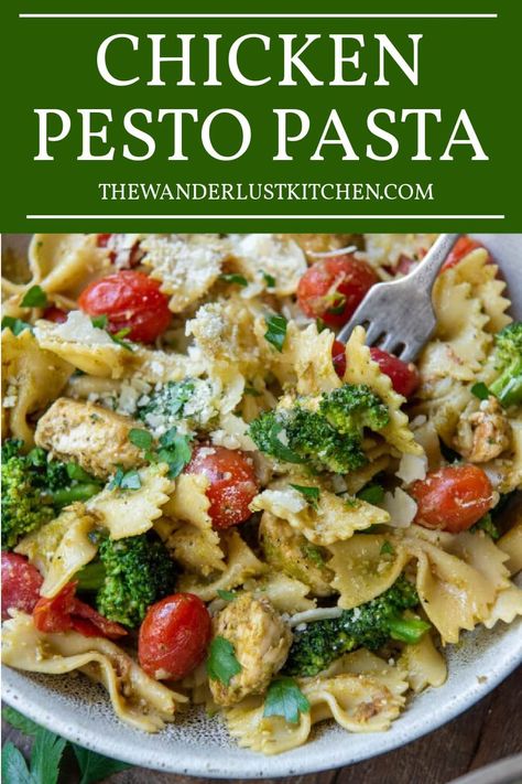 This Chicken Pesto Pasta recipe blends the great flavor of pesto with bowtie pasta, cherry tomatoes, broccoli and parmesan cheese for a delicious dinner in 30 minutes. Chicken And Broccoli Pesto Pasta, Apartment Meals, Pesto Pasta Recipes Chicken, Pesto Dishes, Chicken Pesto Pizza, Chicken Pesto Pasta, Pesto Pasta Recipe, Pesto Tortellini, Pastas Recipes