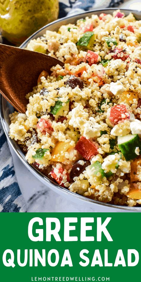 Quinoa Salad is a deliciously versatile side dish, and this Greek version is always a crowd favorite. Packed with tomatoes, cucumbers, bell peppers, kalamata olives, feta cheese, and more... it's a flavor explosion in every bite and perfect for your next get together! Veggie Lunches, Greek Salads, Greek Quinoa, Summertime Food, Salty Recipes, Greek Quinoa Salad, Fresh Salad Recipes, Green Stuff, Pasta Salads