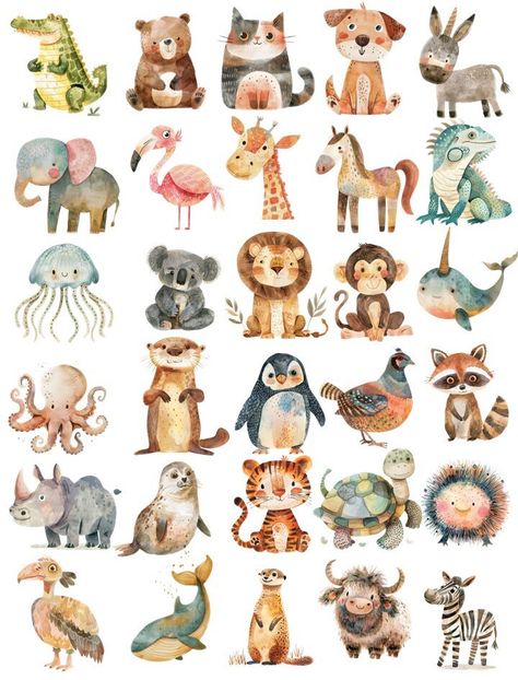 Watercolor Cute Animals, Clip Art Animals, Animal Pictures For Kids, Alphabet Animals, Animal Watercolor, Alphabet Posters, Animal Images, Watercolor Nursery, Animal Doodles