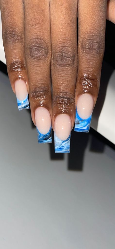 Blue french marble nails with a nude based colour Black And White Marble French Tip Nails, Blue And White Marble Nails Acrylic, Short Nail Marble Design, Marble Nail French Tip, Marble French Tip Nails Short, Acrylic Nail Designs Blue And White, French Nail Designs Purple, Short Blue French Tip Acrylic Nails, Marbled French Tip Nails