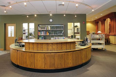 Westerly Lib Reference Desk by Tappe Libraries, via Flickr Circulation Desk, Library Lighting, Reception Area Design, School Library Design, Library Cafe, Retro Office, Library Furniture, Library Displays, Library Design