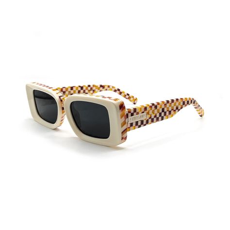 Unisex rectangular-frame sunglasses Polarized sunglasses Prescription Frames Frame color: Beige/Checker Temple color: Checker Lens color: Dark grey Temple details: Chieftain gold hardware / gold frame / beige enamel Frame details: 100% acetate Temple details: 100% acetate Handmade Designed by Chieftain in California Colorful Sunglasses, Sunglasses Prescription, Color Checker, Dark Sunglasses, Sunglasses Polarized, Sunglasses Frame, Vintage Eyeglasses, Designer Glasses, Sunglasses For Men