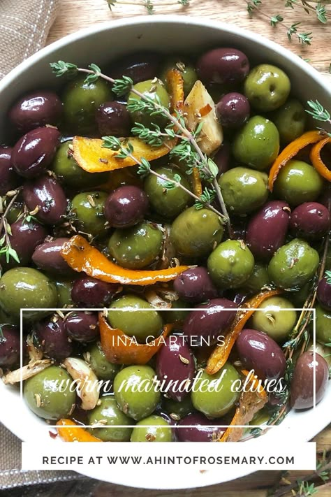 ina garten’s warm marinated olives – a hint of rosemary Warm Marinated Olives, Marinated Olives Recipe, 3 Ingredient Pasta, Olive Garden Recipe, Olive Appetizer, Marinated Olives, Olive Recipes, Ina Garten Recipes, Cookies Gluten Free