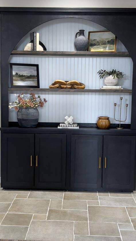 Arched Built In Bar Cabinet, Buffet Cabinet With Shelves Above, Built In Shelves Between Studs, Built In Cabinet Dining Room, Dining Room Built In Cabinets, Built In Bar Cabinet, Dining Room Built In, Dining Room Nook, Bar Nook