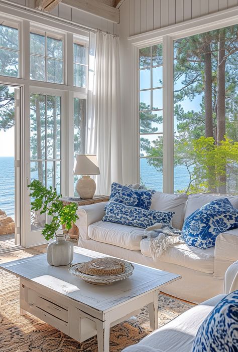 Cape Cod Style Interior Living Room, Florida Room Decorating Ideas Sunroom, Colourful Beach House, Windows Bedroom, Coastal Grandma Interior Design, Coastal Sunroom Ideas, Pretty Home, Coastal Home Ideas, Ocean Home