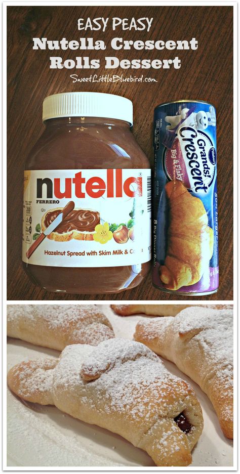 NUTELLA CRESCENT ROLLS DESSERT - Under 20 minutes to make, with only a 5 minute prep, this delicious dessert will have your Nutella fans cheering! | SweetLittleBluebird.com Crescent Nutella Rolls, Crescent Rolls Dessert, Nutella Crescent Rolls, Rolls Dessert, Desserts Nutella, Crescent Roll Dessert, Nutella Recipes Easy, Dessert Design, Nutella Lover