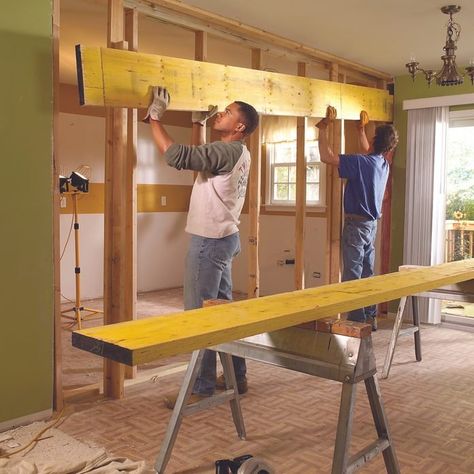 How to Install a Load Bearing Wall Beam (DIY) Support Beams Load Bearing Wall, Support Beam Ideas Open Concept, Removing Load Bearing Wall, Study Remodel, Load Bearing Wall Ideas, Load Bearing Beam, Timber Frame Plans, Eyebrow Care, Remove Wall