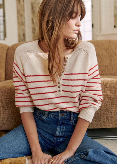 Loose Jumper, Puff Sleeve Sweater, Women Sleeve, Vintage Button, Cute Sweaters, Vintage Sweaters, Knitwear Women, Red Sweaters, Striped Long Sleeve