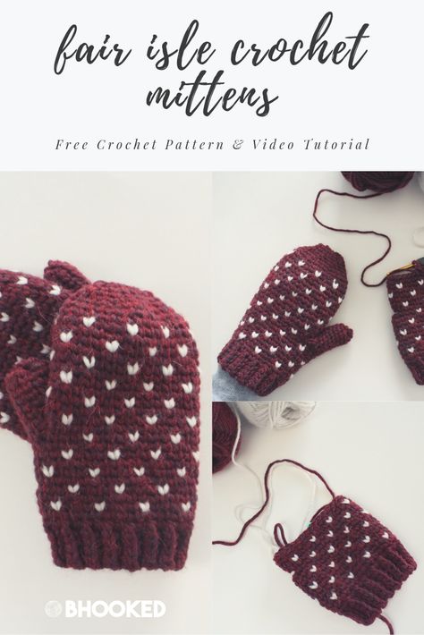 Fair Isle crochet mittens. Click through for the free pattern and tutorial! #BHooked #Crochet #FreeCrochetPattern Beginner Crochet Mittens Free Pattern, Toddler Mittens Crochet Pattern Free, Crochet Baby Mittens Free Pattern, Free Crochet Mitten Patterns, Crochet Mittens For Kids, Easy Crochet Mittens, Fair Isle Crochet, Darning Needle, Knitted Gloves Mittens