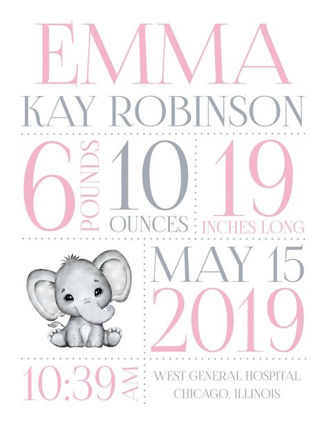 Elephant Nursery Baby Birth Stats Wall Art Birth Announcement | Etsy Birth Stats Wall Art, Birth Signs, Baby Birth Stats, Birth Stats, Elephant Nursery, Floral Nursery, Nursery Decor Girl