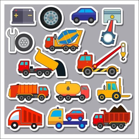 Transport vehicles stickers colelction F... | Free Vector #Freepik #freevector #car #sticker #truck #transport Car Stickers Printable, Construction Vehicles Printables, Construction Party Cakes, Birthday Photoshoot Ideas Boys, Charlie Brown Birthday Party, Cars Stickers, Transportation Birthday Party, Transport Vehicles, Transportation Birthday