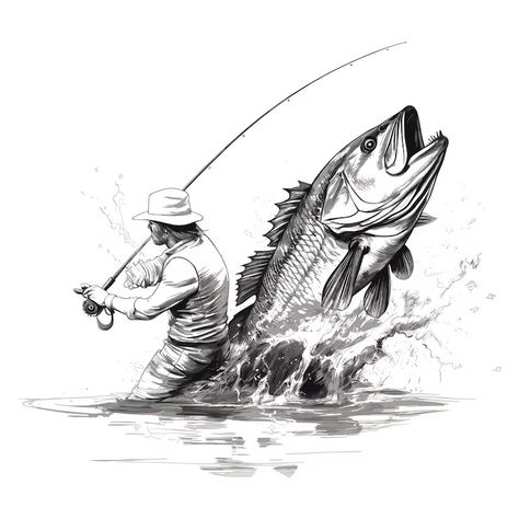 Premium Vector | Fisherman catching the big bass fish Illustration Catching Fish Drawing, Fisherman Drawing, Fish Sketch, Fish Drawing, Bass Fish, Fish Illustration, Fish Drawings, Catching Fish, Flyer Maker