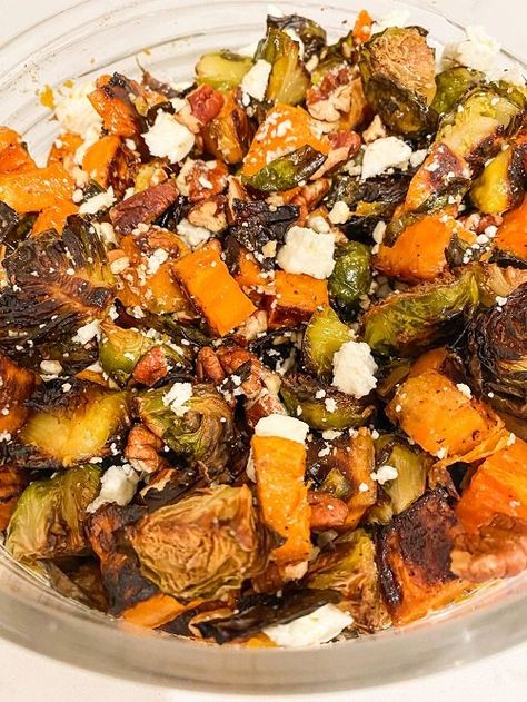 Brussels Sprout Sweet Potato Salad, Maple Roasted Brussel Sprouts With Sweet Potatoes, Brussel Sprouts And Sweet Potato Roasted, Brussel Sprout And Sweet Potato Recipes, Brussels Sprouts And Sweet Potatoes, Brussel Sprouts And Sweet Potato Recipe, Sprouting Sweet Potatoes, Sweet Potato Salad Recipe, Butternut Squash Salad