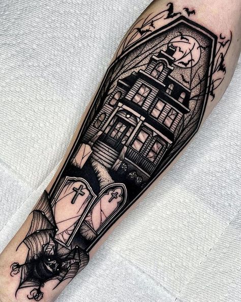 Dark Spooky Tattoos, Haunted House Tattoo, Fall Tattoos, Coffin Tattoo, Halloween Tattoos Sleeve, Autumn Tattoo, Inner Forearm Tattoo, Goth Tattoo, Sweet Tattoos