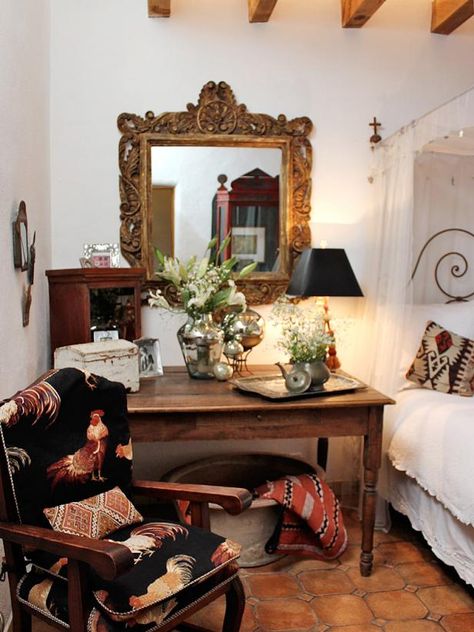 Mary Emmerling, Spanish Bedroom, Rustic Wooden Desk, Southwest Bedroom, Southwestern Bedroom, Mexican Bedroom, Gothic Mirror, Spanish Home Decor, Adobe Home