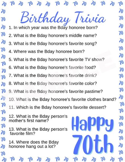 The best free printable 70th birthday party games. You'll love these fun games for 70th birthday party at home or at a venue. 70th birthday party games for adults and kids - something for the whole family. Free printable 70th birthday games including birthday trivia, word scramble, would you rather, time capsule and more. Unique 70th Birthday Party Ideas, 70th Birthday Party Color Schemes, 80th Bday Party Games, Games For 70th Birthday Party Fun, 70th Bday Party Games, 70th Birthday Party Games For Mom, Party Games For 70th Birthday, 70 Year Old Birthday Party Ideas Woman, Party Games For Adults Birthday