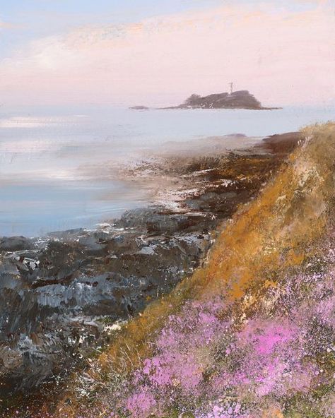 Amanda Hoskin on Instagram: "Soft Morning Light and Seapinks at Godrevy Lighthouse Oil on paper 26 x 18cm #amandahoskin #art #artist #godrevy #seascape #sky #light #cornwall #cornishart #artlovers #paintings #aerforsale" Amanda Hoskin, Beach Scene Painting, Scene Painting, Sky Light, Beach Watercolor, Magic World, Evening Sky, Beach Scene, Painting Inspo