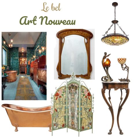 Art Nouveau Mood Board, Art Nouveau Interior Design, Nouveau Interior Design, Victorian Bathroom Accessories, Art Nouveau Living Room, Art Nouveau Bedroom, Art Nouveau Interior, Mood Board Interior, Design Mood Board