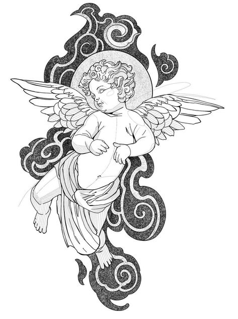 Black Angel Tattoo, Tato Maori, Half Sleeve Tattoo Stencils, Cherub Tattoo, Religious Tattoos, Tattoo Graphic, Tattoo Stencil Outline, Tattoo Style Drawings