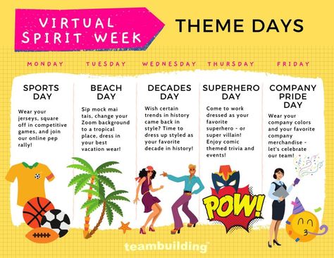 Vacation Day Spirit Week, Meeting Themes, Holiday Spirit Week, Work Team Building Activities, Spirit Week Ideas, Spirit Week Themes, Work Event Ideas, Spirit Day Ideas, Employee Engagement Activities