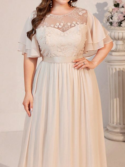 Beige  Collar Short Sleeve Woven Fabric Plain A Line Embellished Non-Stretch  Weddings & Events Formal Dresses With Sleeves, Plus Size Bridesmaid, Bridesmaid Dress Colors, Bridesmaid Dresses Plus Size, Lace Splicing, Dress Bridesmaid, Ruffle Sleeves, Kids Beachwear, Formal Dress