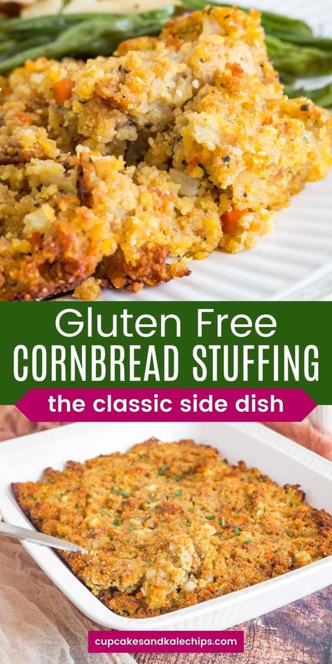 Gluten Free Cornbread Stuffing has classic comforting flavors from thyme, sage, apple, onion, and celery and is the perfect family-friendly Thanksgiving side dish recipe. Southern Gluten Free Recipes, Gf Df Thanksgiving Sides, Gluten Free Corn Casserole Thanksgiving, Vegetarian Cornbread Stuffing, Dairy And Gluten Free Thanksgiving Sides, Gluten Free Thanksgiving Dressing, Gluten Free And Dairy Free Thanksgiving, Gluten Free Desserts For One, Gluten Free Cornbread Stuffing Recipes