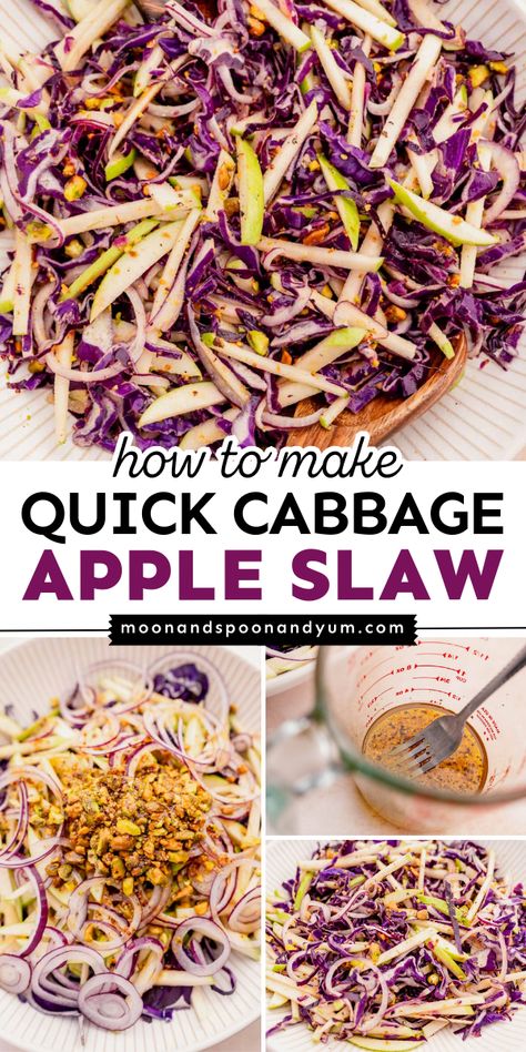 This Labor Day party food idea is a healthy alternative to the classic coleslaw recipe! This apple cabbage slaw is gluten-free, vegan, and vegetarian. Crisp with sweet and tangy flavors, this Quick Cabbage Apple Slaw is one of the best summer BBQ side dishes! Purple Cabbage Slaw For Pulled Pork, Apple Slaw No Mayo, Cabbage And Apple Salad Recipes, Fall Slaw Recipes, Cabbage And Apple Slaw, Vegan Slaw Recipes, Recipes With Bagged Coleslaw, Fall Coleslaw Recipe, Cabbage Apple Salad Recipes