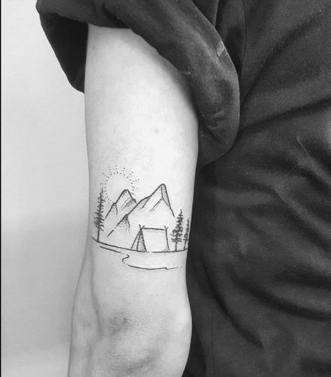 Memento Mori Tattoo Ideas, Moutain Tattoos, Memento Mori Tattoo, Camping Tattoo, Hiking Tattoo, Couple Drawing, Forest Tattoos, Geometric Tattoos, Mountain Tattoo