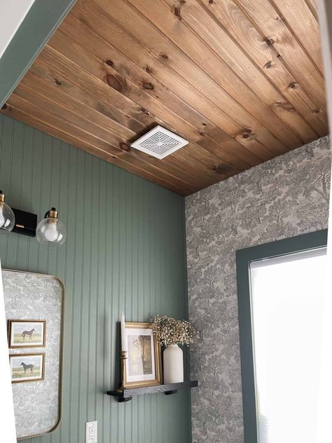 Wood Ceilings Hallway, Raw Wood Ceiling, Cedar Plank Ceiling Bedroom, Wood Ceiling Colors, Wall And Ceiling Panelling, Drop Ceiling Cover Up Ideas, Tongue And Groove Stained Ceiling, Woodhaven Ceiling Planks, Tongue And Groove Bathroom Ceiling