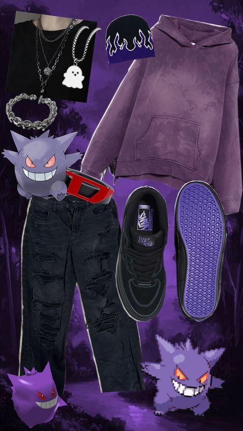 Gengar pokemon ghost outfit Human Gengar, Gengar Outfit, Gamer Outfits Aesthetic, Ghost Outfit, Gengar Pokemon, Fits Aesthetic, Pokemon Stuff, Clothes Ideas, Outfits Aesthetic