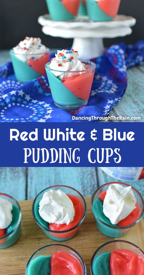 Pudding Cup Recipes, Memorial Day Desserts, Super Easy Desserts, Summer Food Party, 4 Ingredient Recipes, Pudding Shots, Patriotic Food, Patriotic Desserts, Blue Desserts